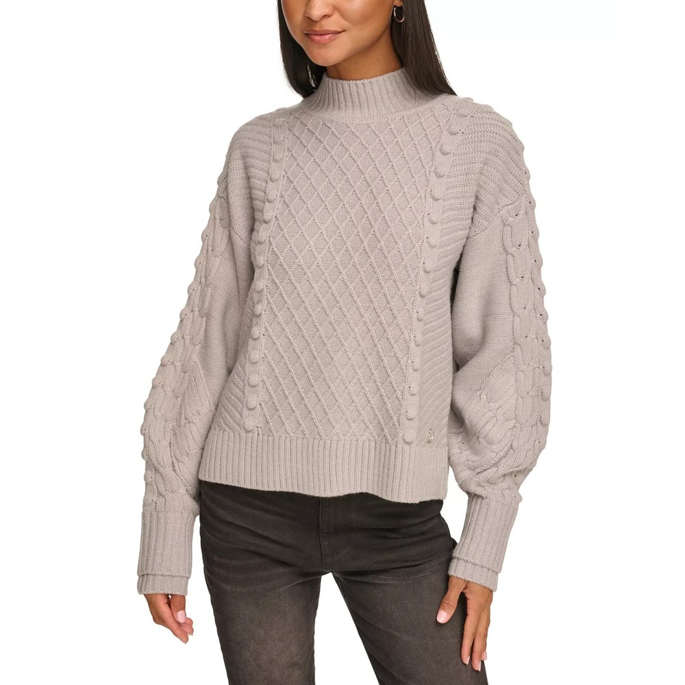 KARL LAGERFELD PARIS Women's Cable Knit Mock‎ Neck Sweater Silver Size XS